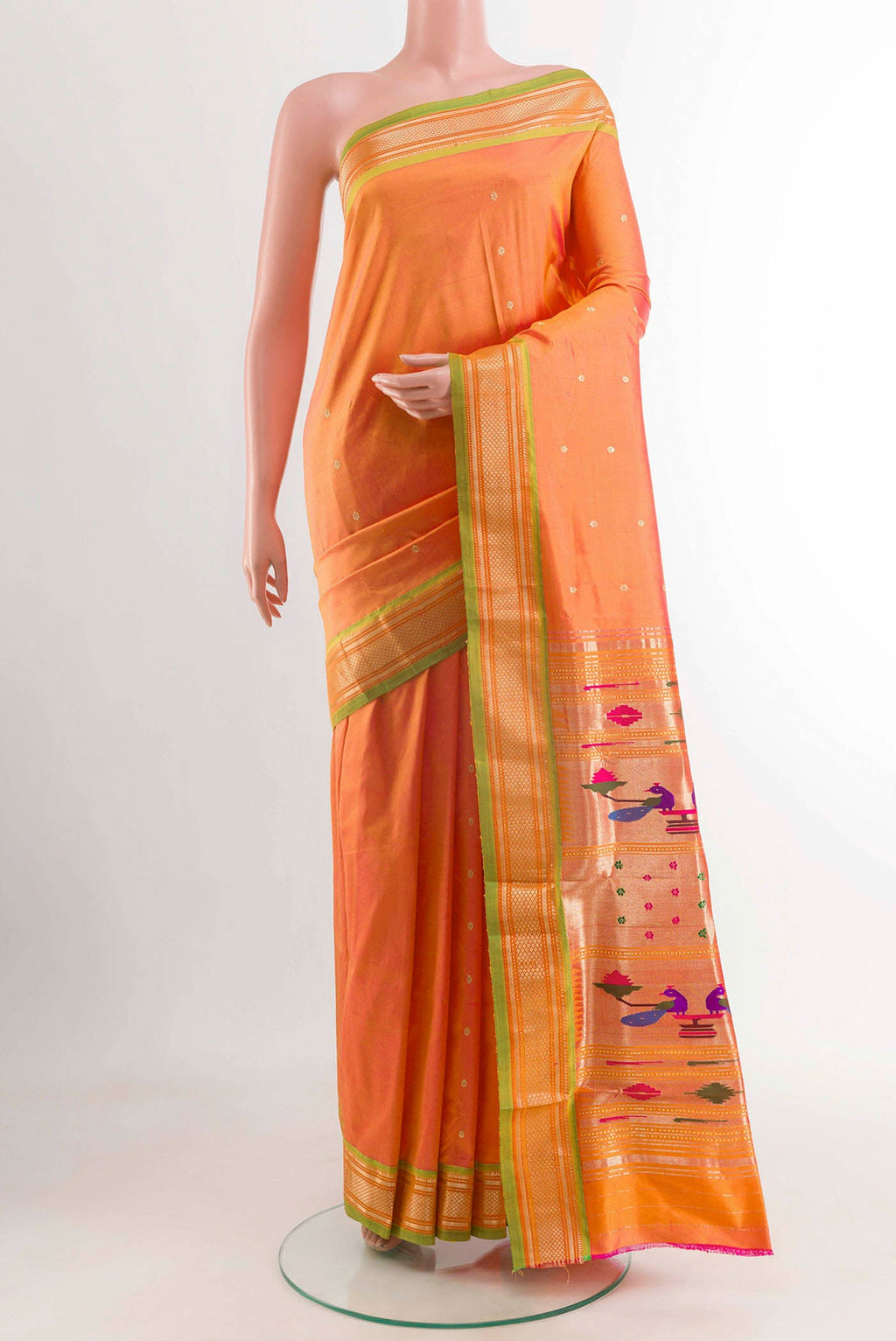 Orange Dual Tone Paithani Silk Saree with Zari Butta on the body and Zari Border displayed on a mannequin