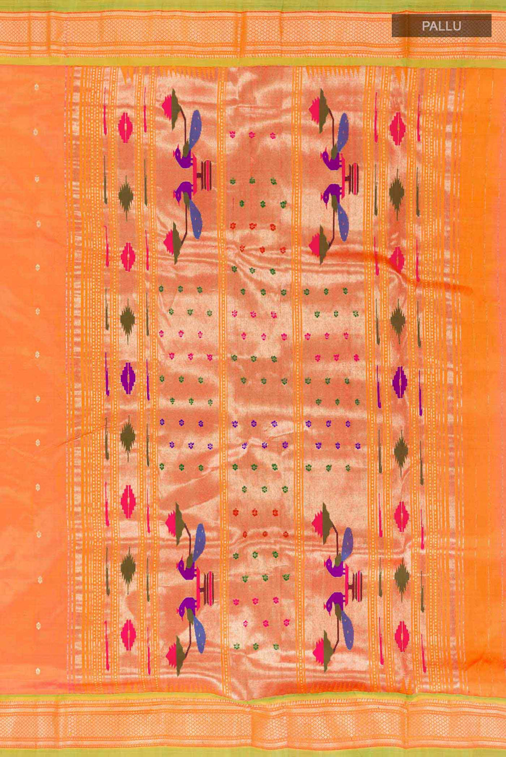 Close up image of the pallu of Orange Dual Tone Paithani Silk Saree with Zari Butta on the body and Zari Border