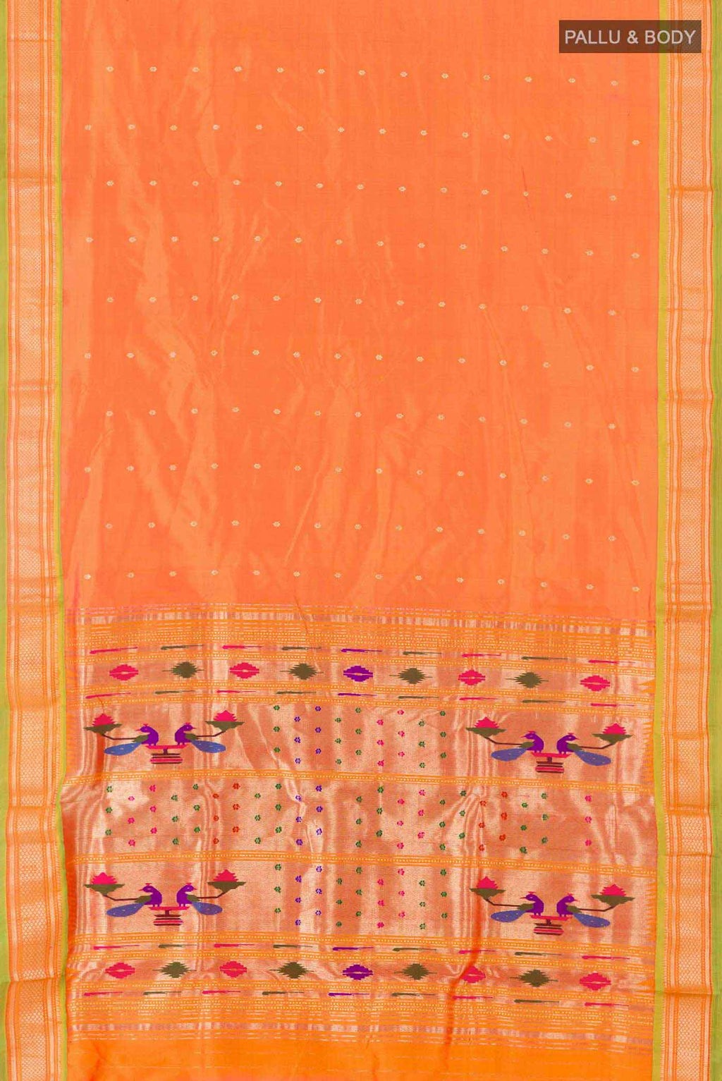 Flat view of Orange Dual Tone Paithani Silk Saree with Zari Butta on the body and Zari Border