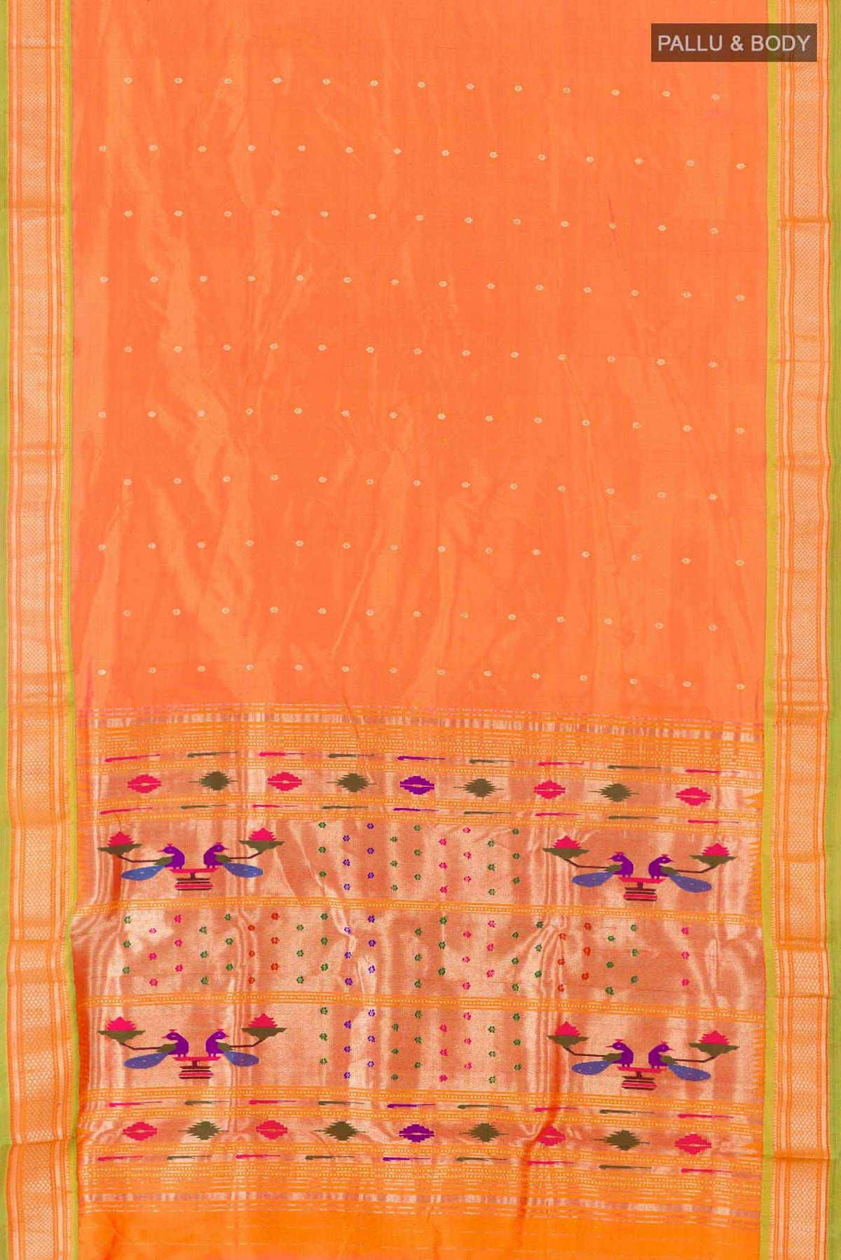Flat view of Orange Dual Tone Paithani Silk Saree with Zari Butta on the body and Zari Border