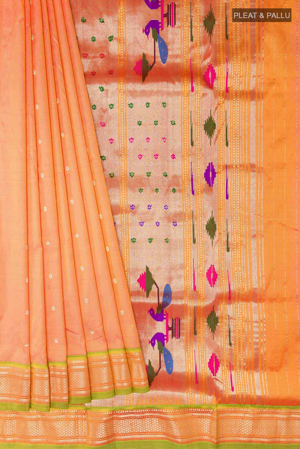 Pleats and pallu of Orange Dual Tone Paithani Silk Saree with Zari Butta on the body and Zari Border