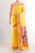 Yellow Dual Tone Paithani Silk Saree with Zari Butta on the body and Zari Border displayed on a mannequin