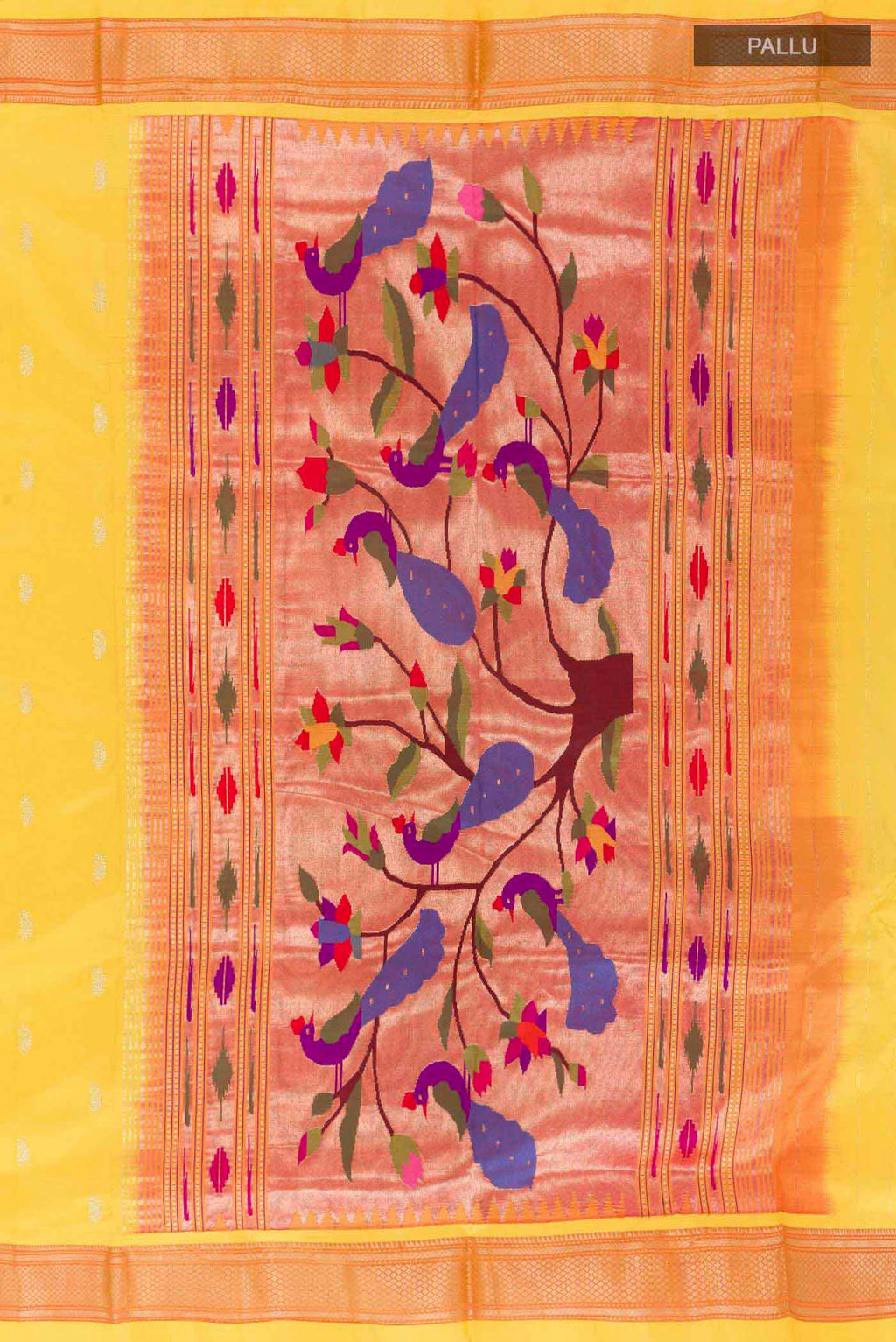 Close up image of the pallu of Yellow Dual Tone Paithani Silk Saree with Zari Butta on the body and Zari Border