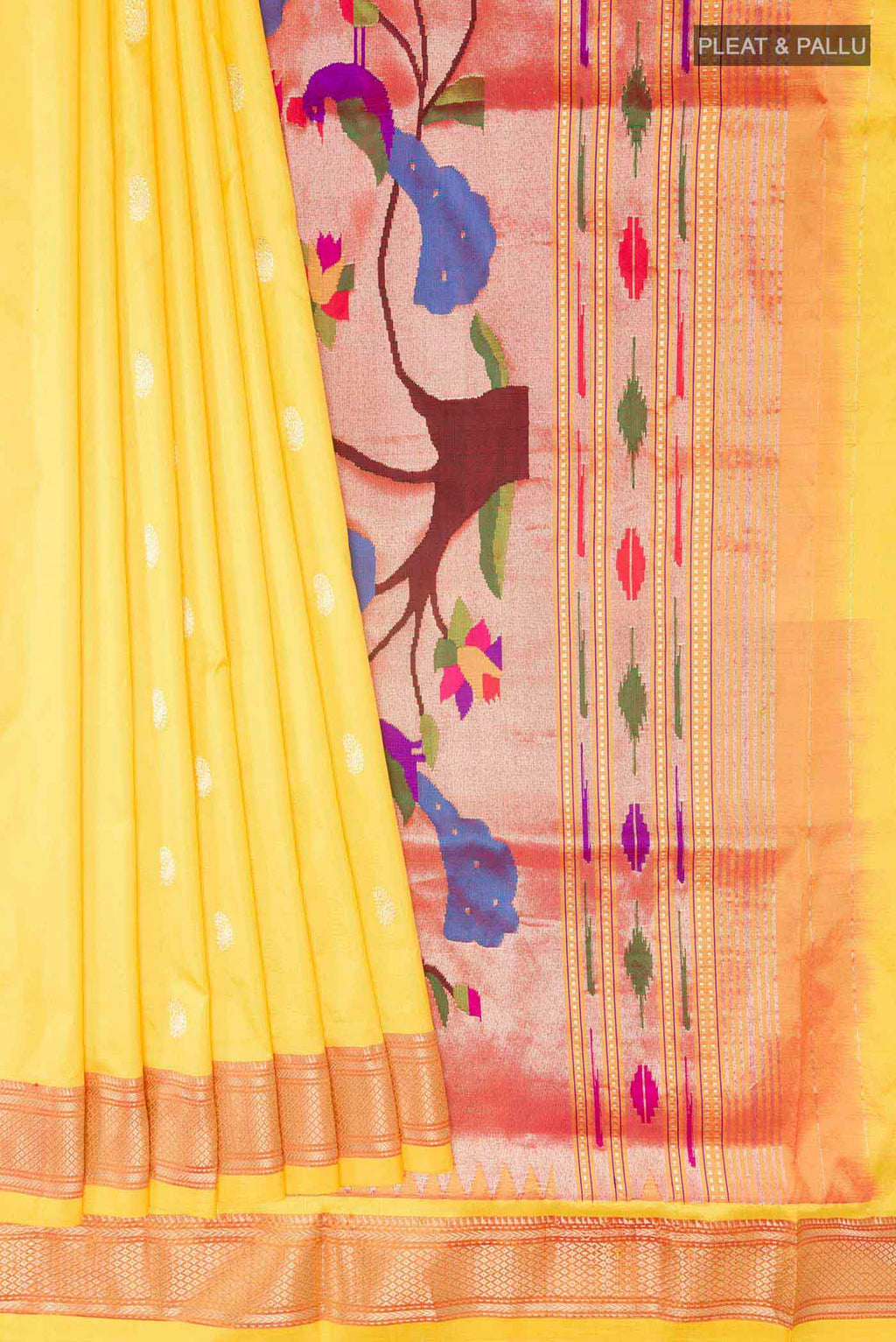 Pleats and pallu of Yellow Dual Tone Paithani Silk Saree with Zari Butta on the body and Zari Border