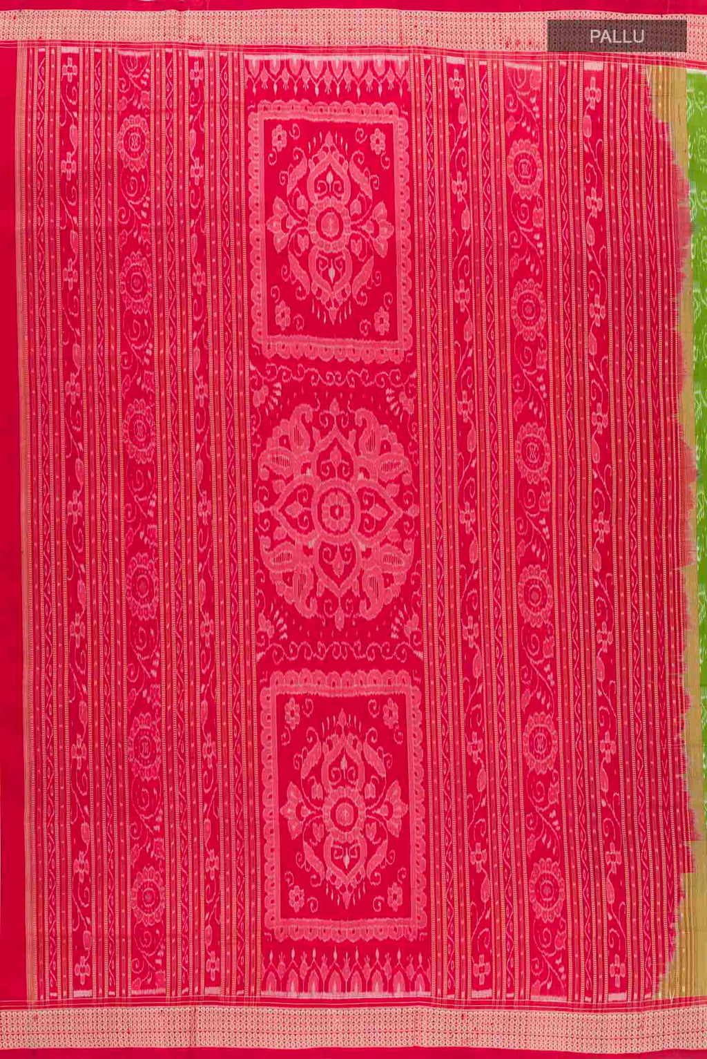 Close up image of the pallu of Green Orissa Silk Saree with Pure Ikat on the body and Thread Border