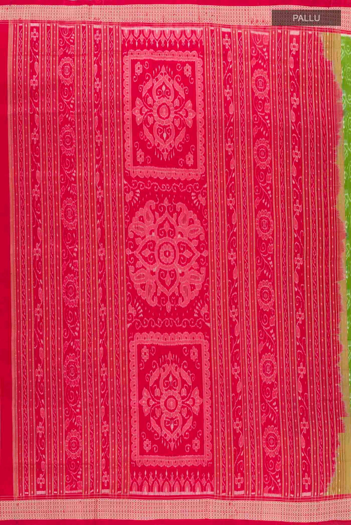 Close up image of the pallu of Green Orissa Silk Saree with Pure Ikat on the body and Thread Border