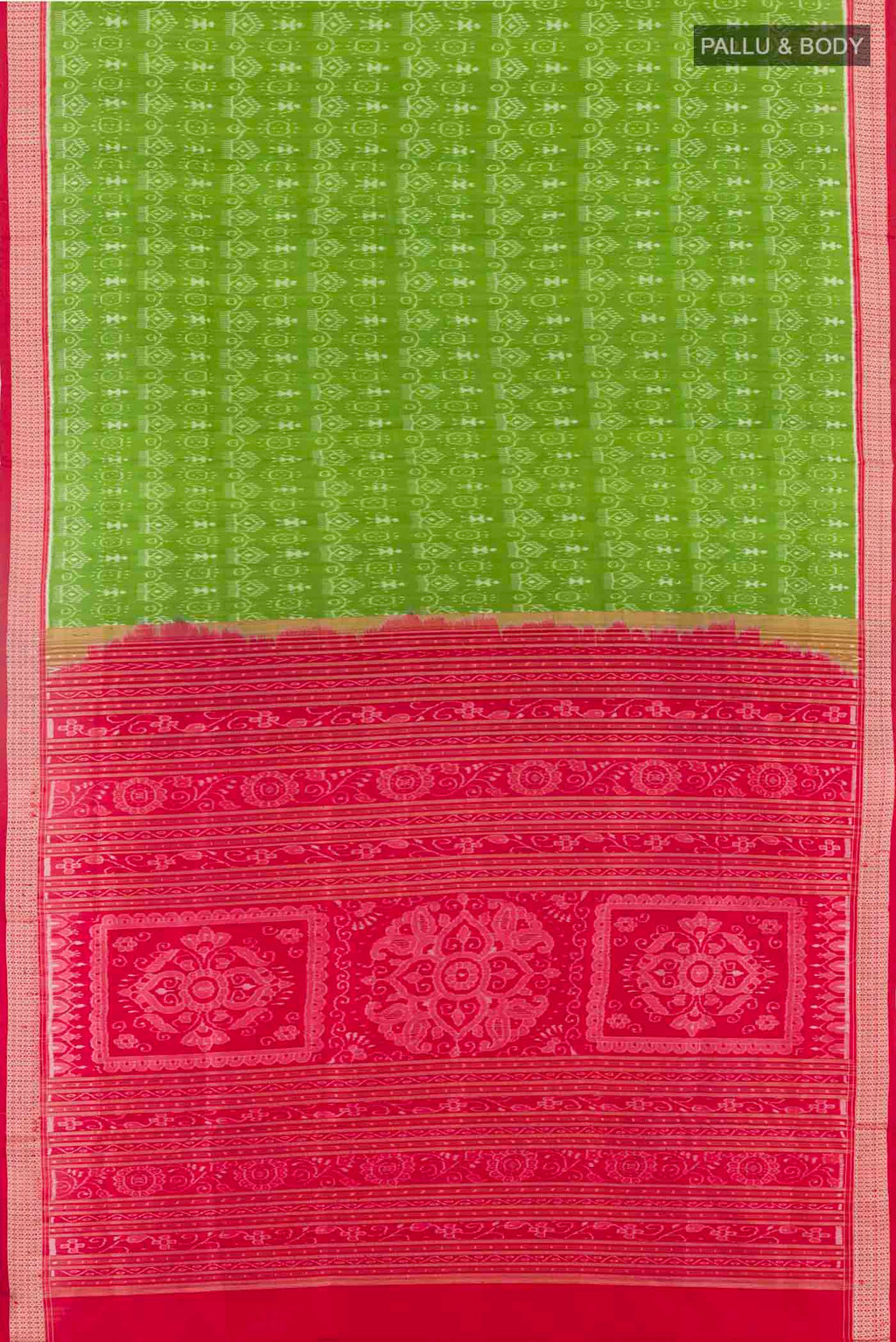 Flat view of Green Orissa Silk Saree with Pure Ikat on the body and Thread Border