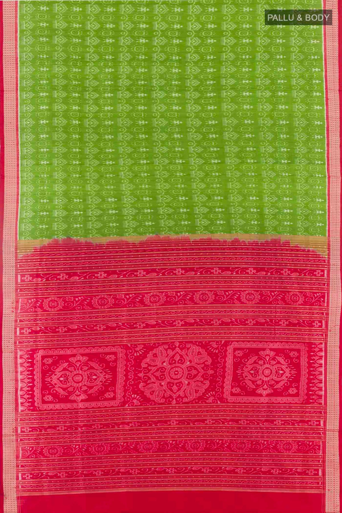 Flat view of Green Orissa Silk Saree with Pure Ikat on the body and Thread Border