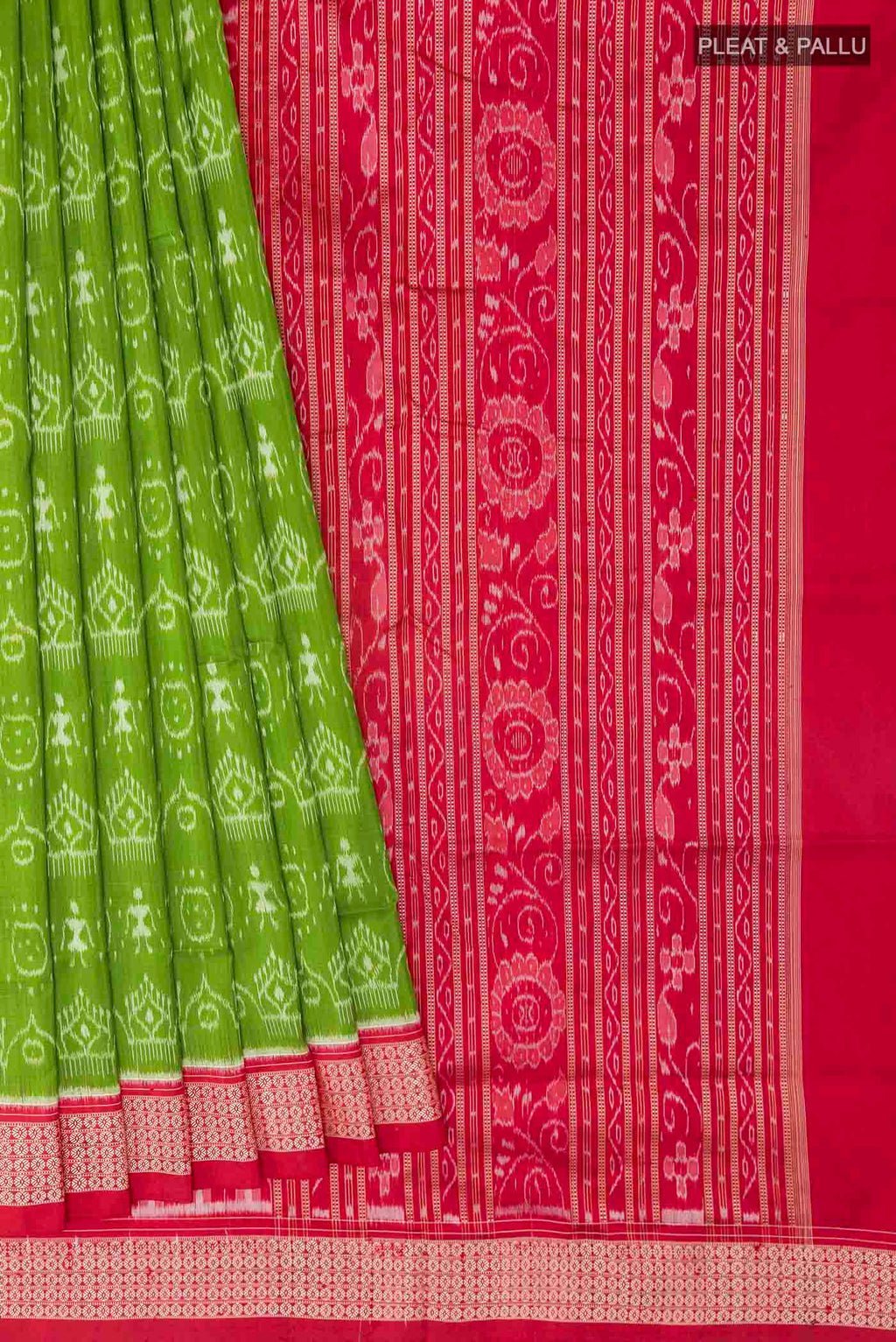 Pleats and pallu of Green Orissa Silk Saree with Pure Ikat on the body and Thread Border