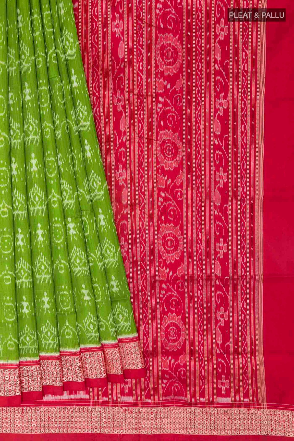 Pleats and pallu of Green Orissa Silk Saree with Pure Ikat on the body and Thread Border