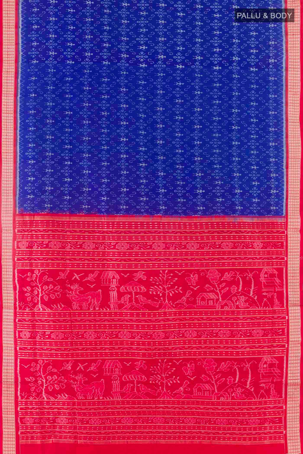 Flat view of Blue Orissa Silk Saree with Pure Ikat on the body and Thread Border