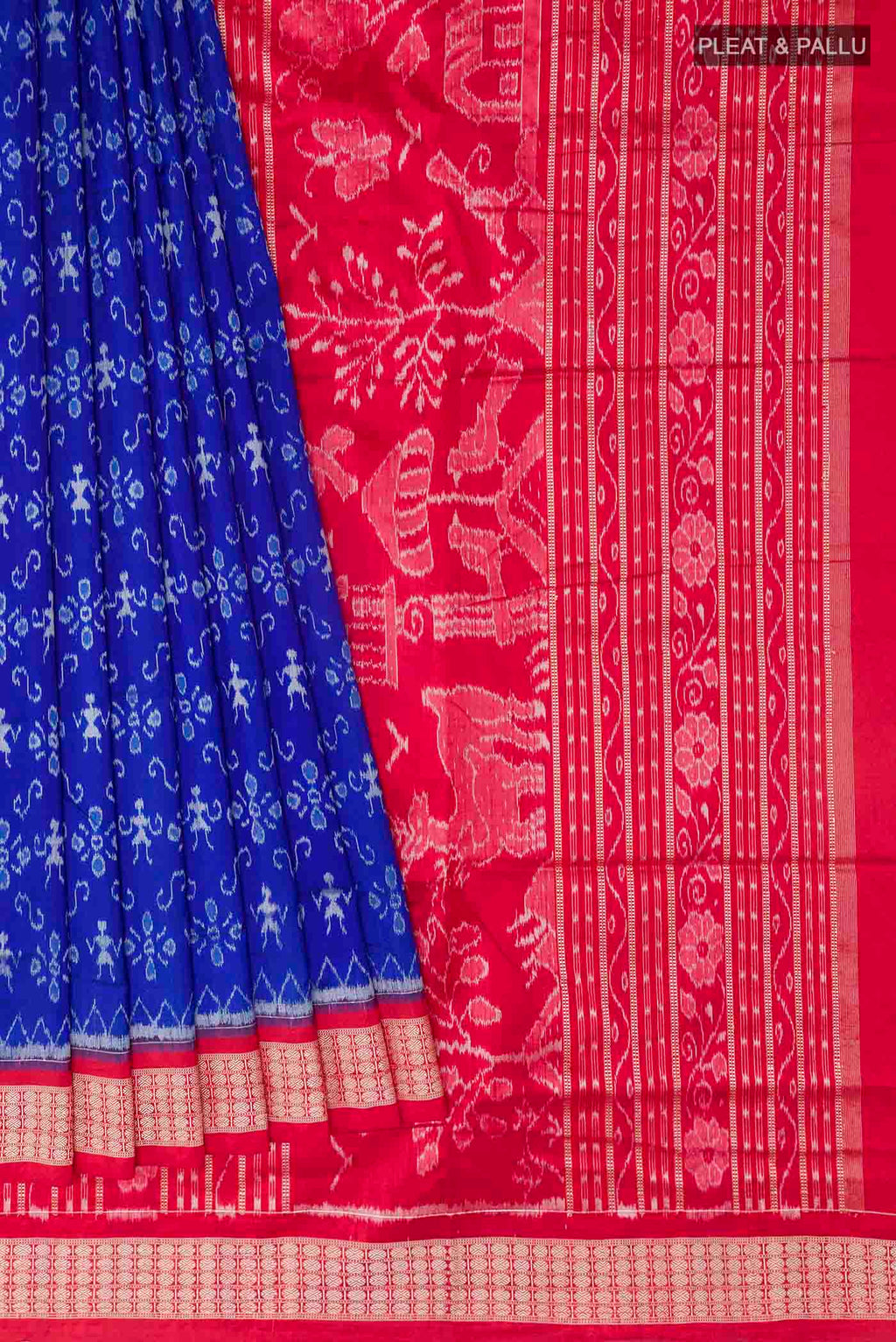 Pleats and pallu of Blue Orissa Silk Saree with Pure Ikat on the body and Thread Border
