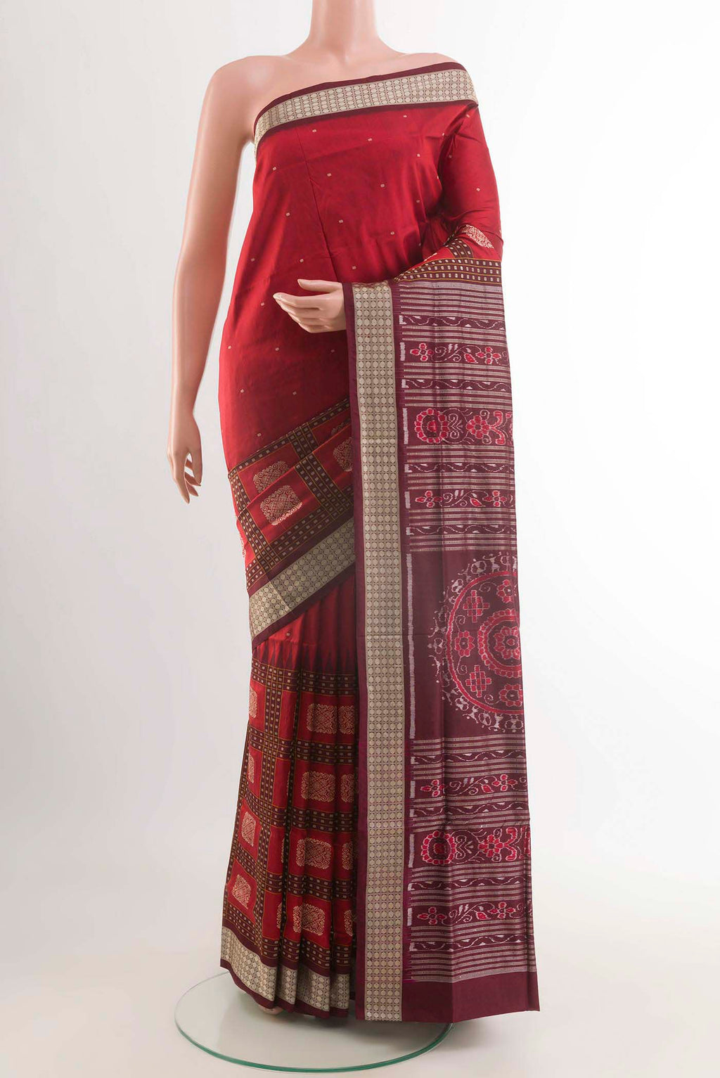 Maroon Orissa Silk Saree with Thread Butta on the body and Thread Border displayed on a mannequin