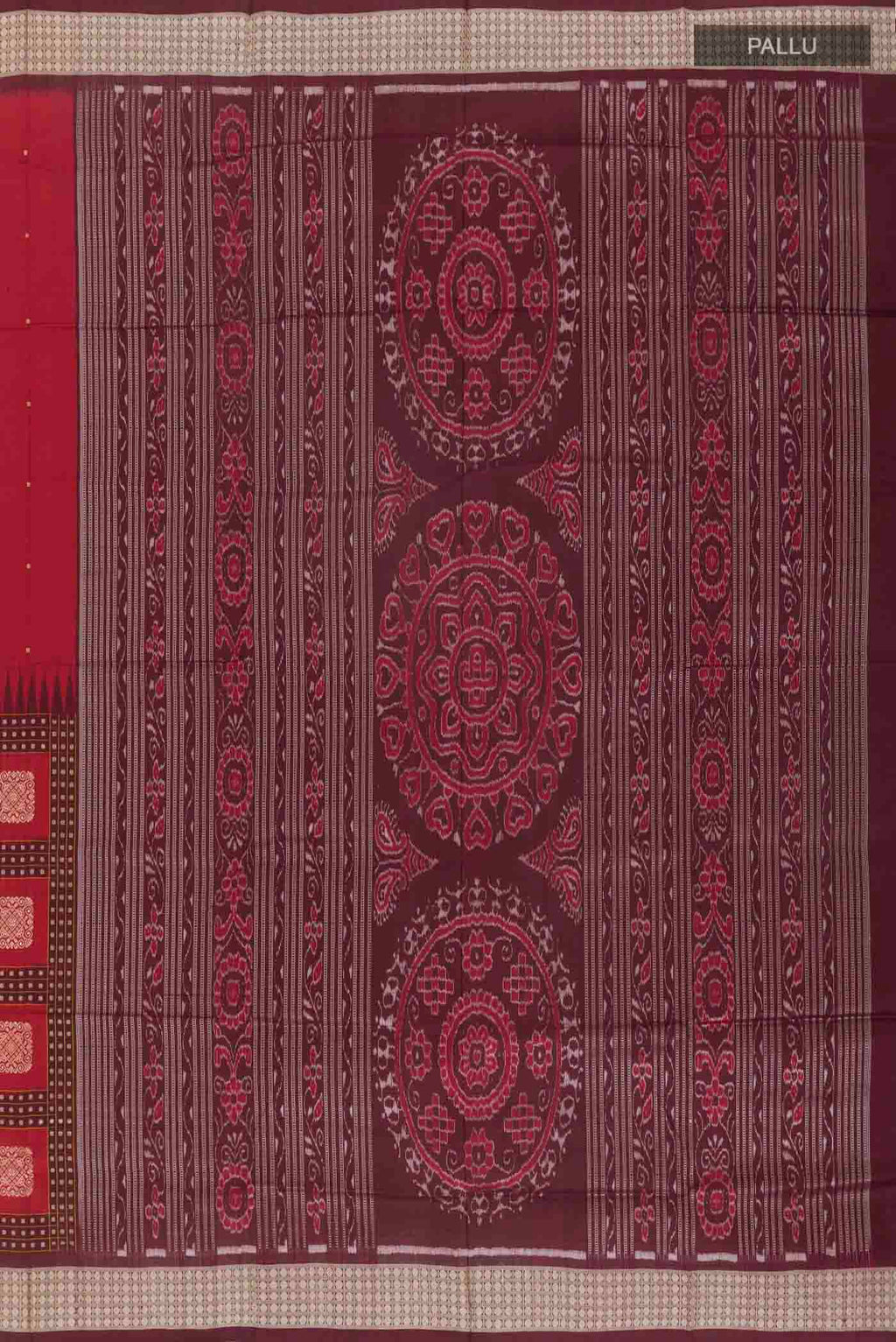 Close up image of the pallu of Maroon Orissa Silk Saree with Thread Butta on the body and Thread Border