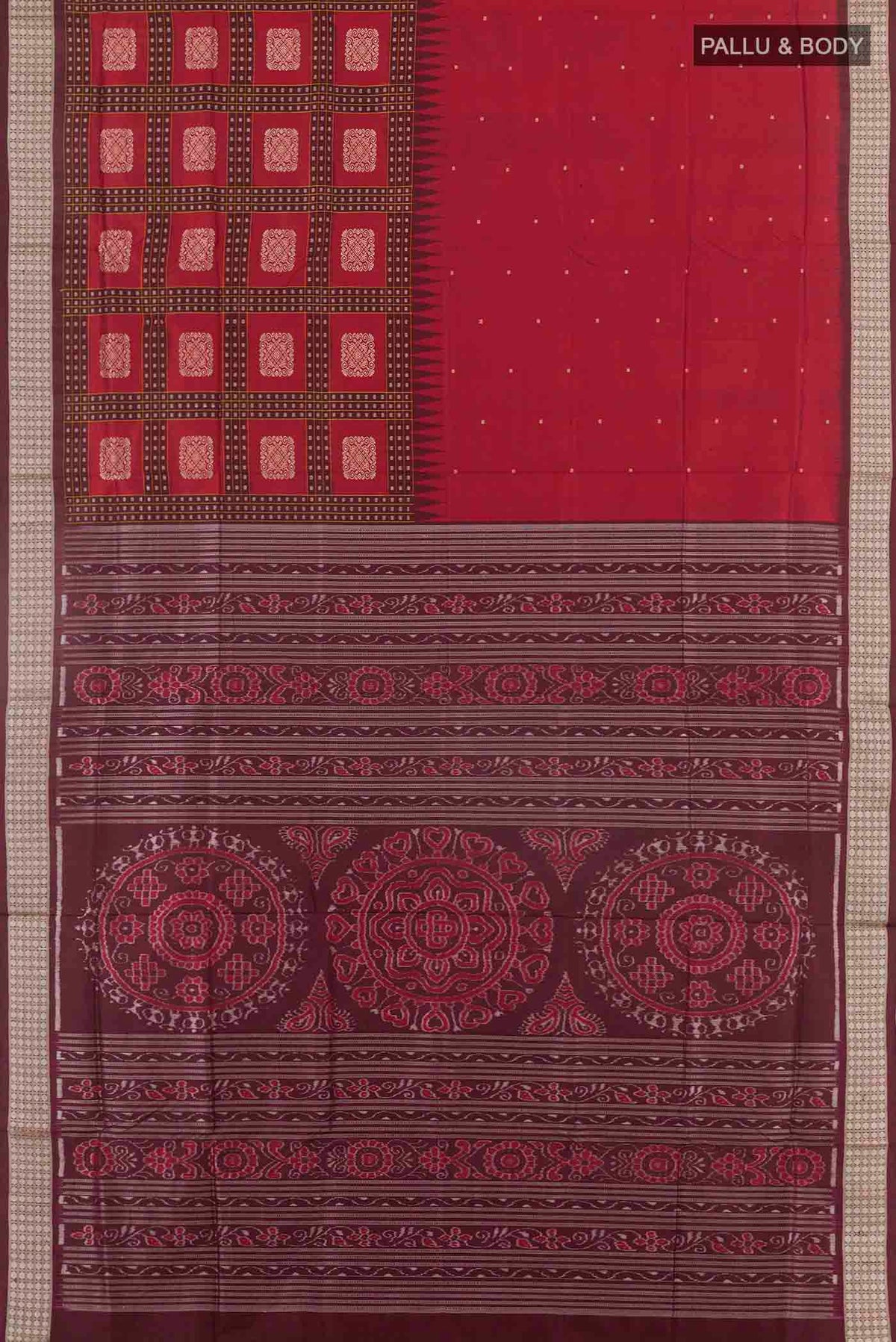 Flat view of Maroon Orissa Silk Saree with Thread Butta on the body and Thread Border