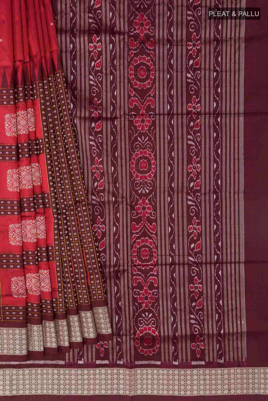 Pleats and pallu of Maroon Orissa Silk Saree with Thread Butta on the body and Thread Border