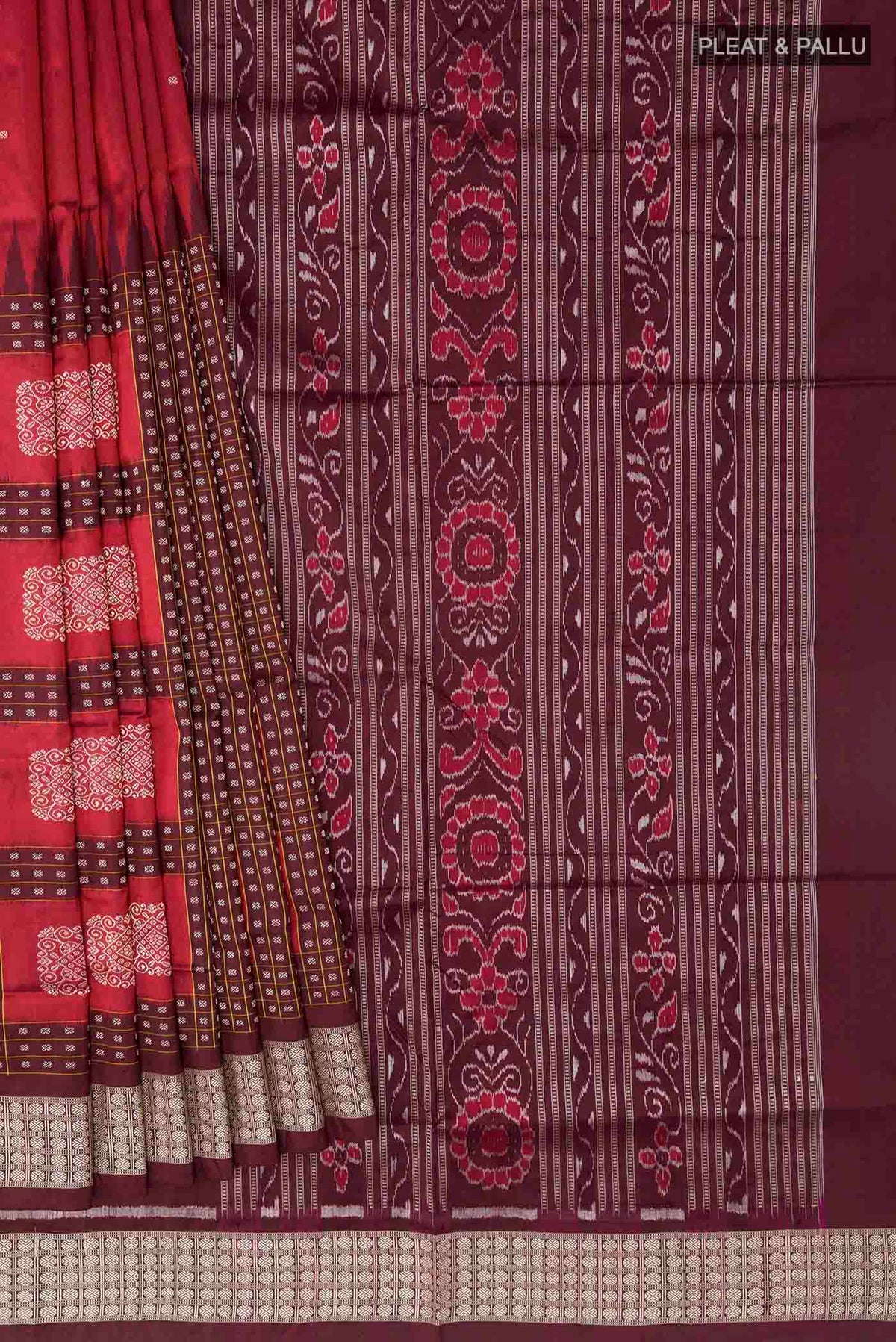 Pleats and pallu of Maroon Orissa Silk Saree with Thread Butta on the body and Thread Border