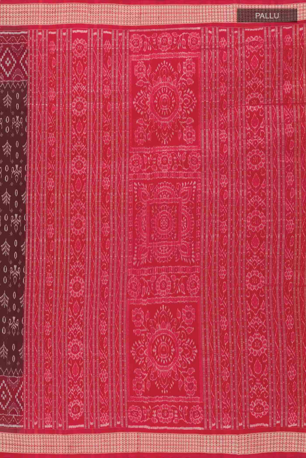 Close up image of the pallu of Brown Orissa Silk Saree with Pure Ikat on the body and Thread Border