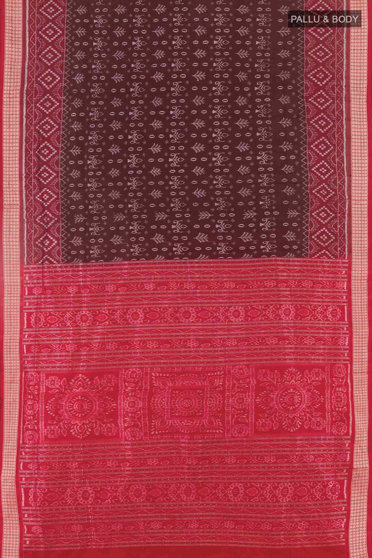 Flat view of Brown Orissa Silk Saree with Pure Ikat on the body and Thread Border