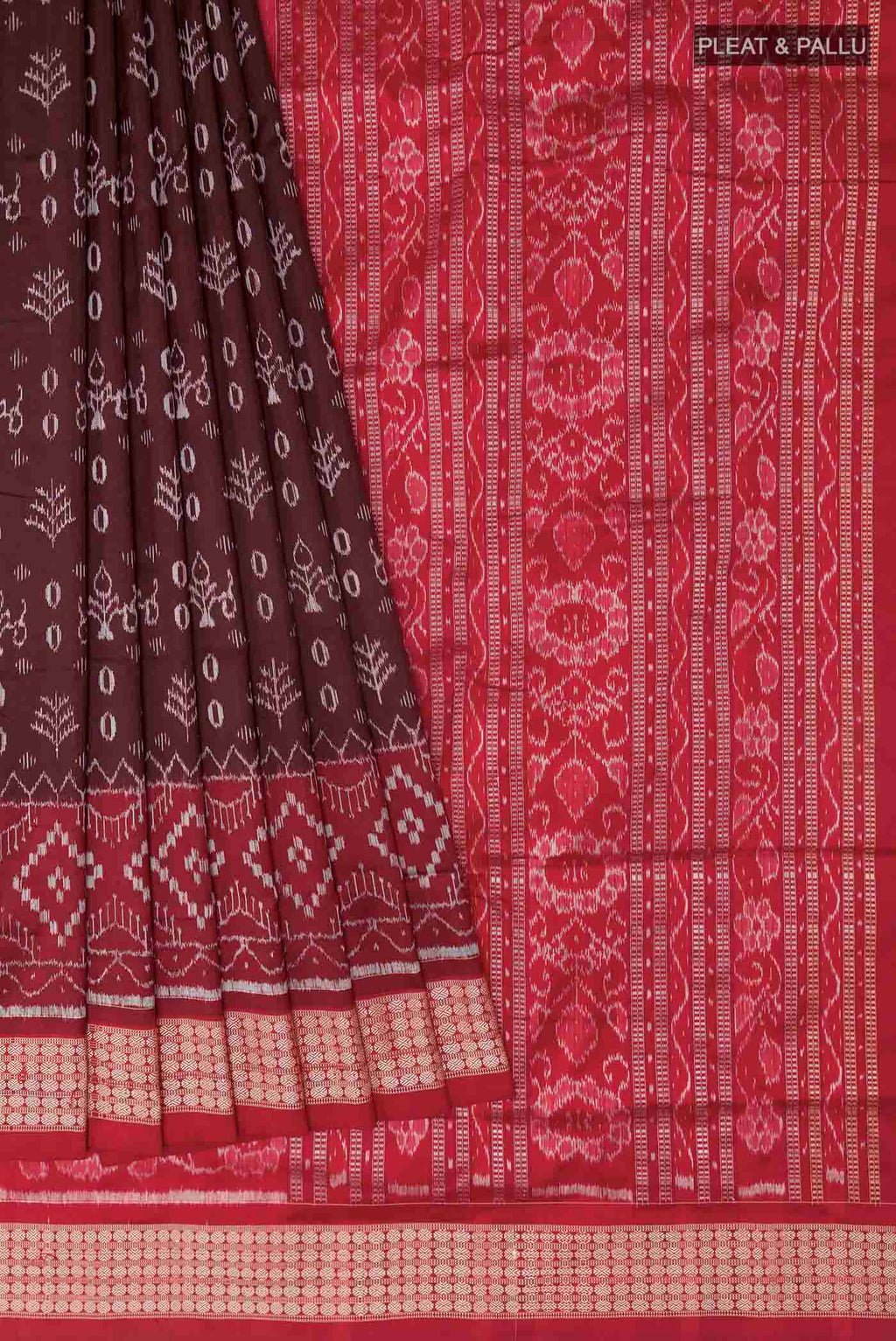 Pleats and pallu of Brown Orissa Silk Saree with Pure Ikat on the body and Thread Border