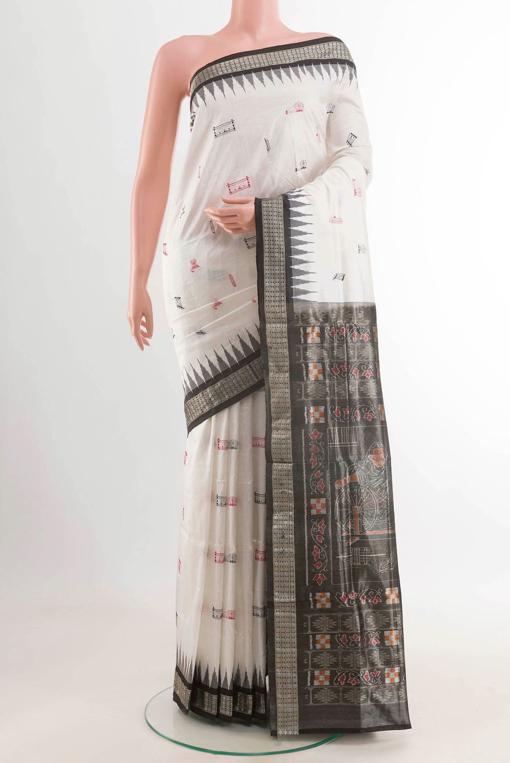 White Orissa Silk Saree with Thread Butta on the body and Zari Border displayed on a mannequin