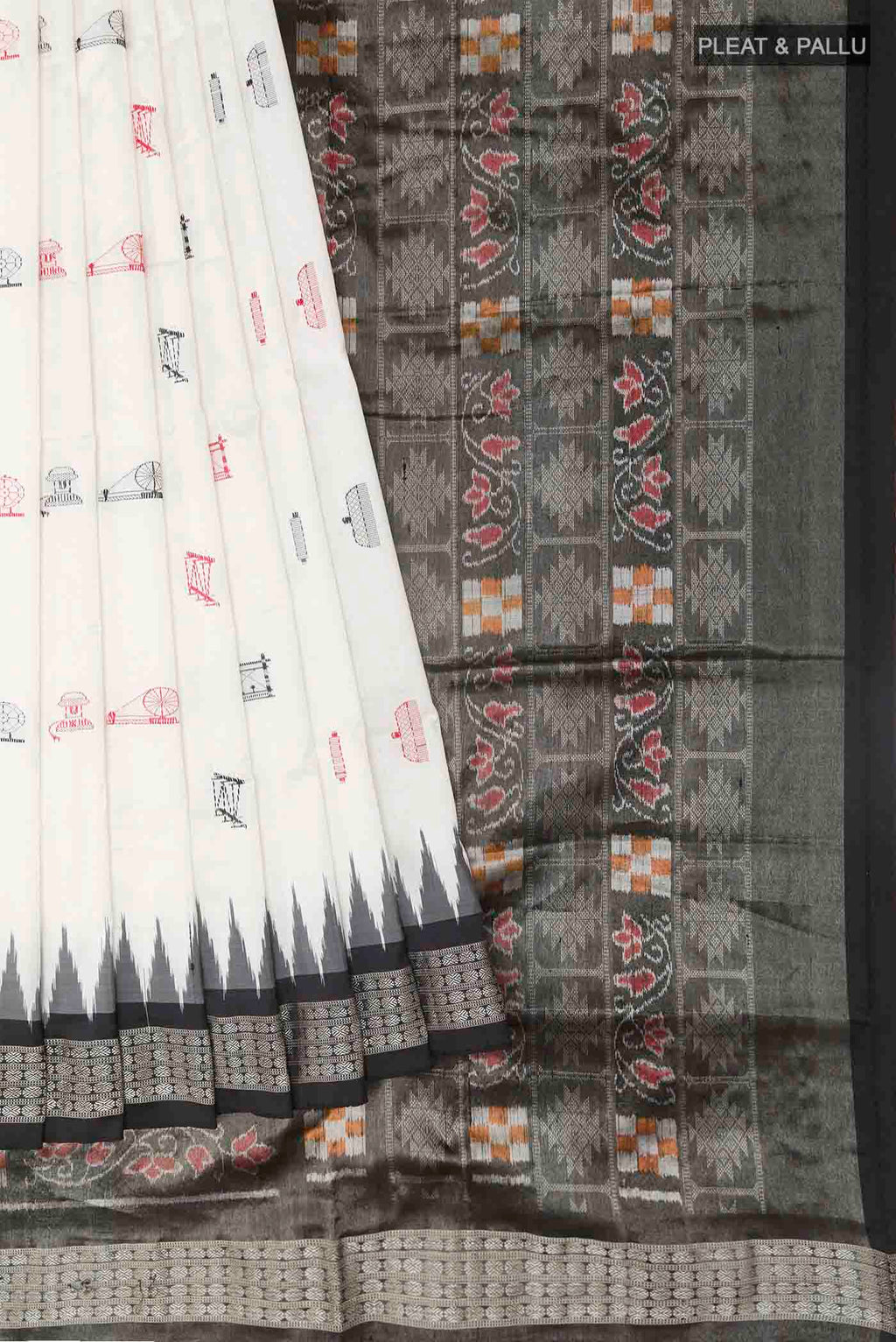Pleats and pallu of White Orissa Silk Saree with Thread Butta on the body and Zari Border