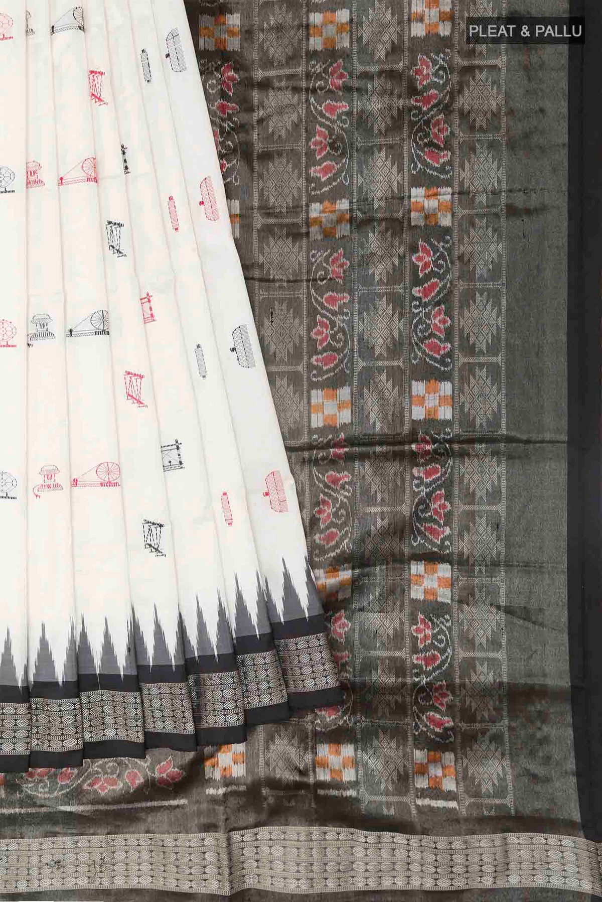 Pleats and pallu of White Orissa Silk Saree with Thread Butta on the body and Zari Border