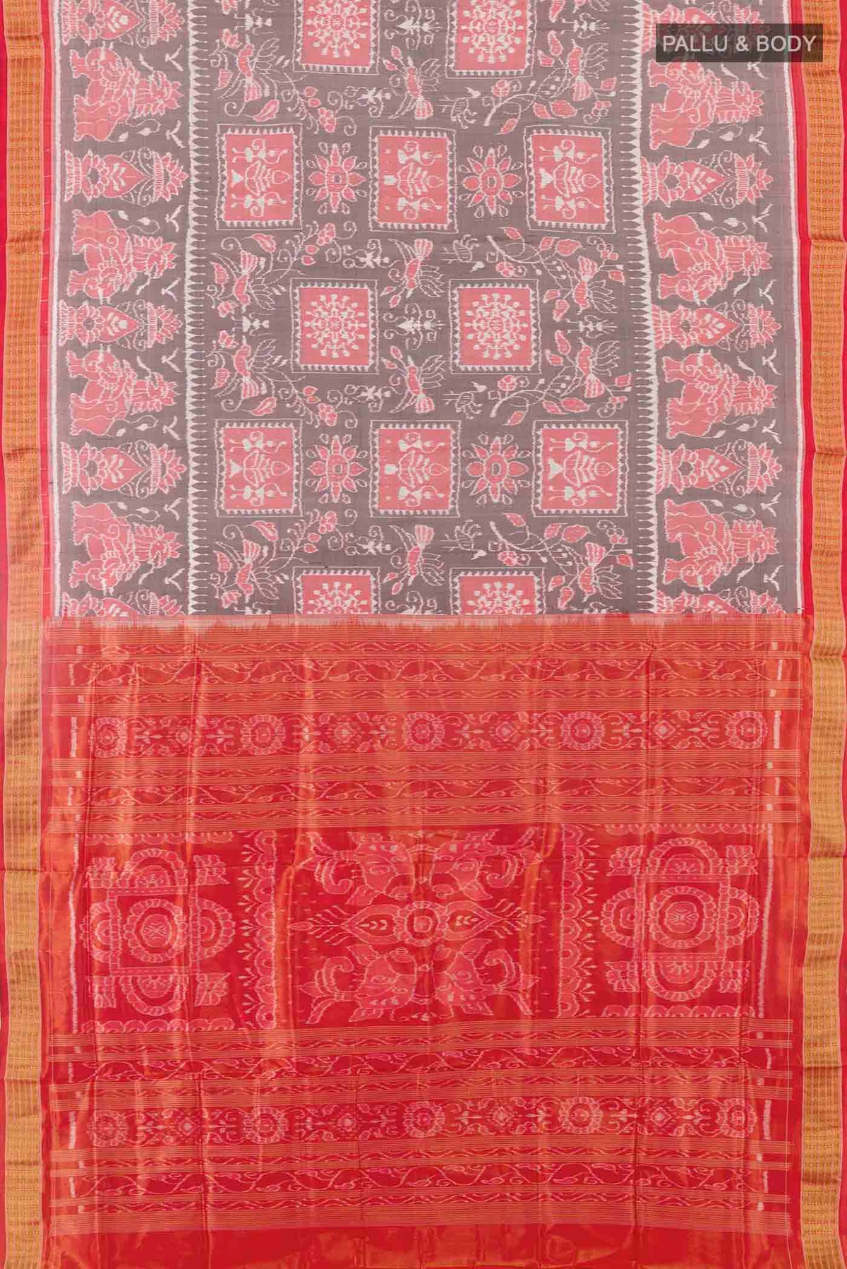 Flat view of Grey Orissa Silk Saree with Ikat design on the body and Zari Border