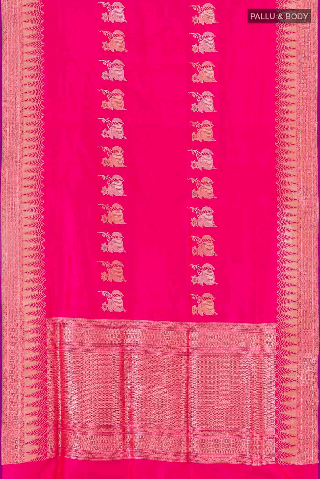 Flat view of Pink Banarasi Saree with Zari Butta on the body and Zari Border