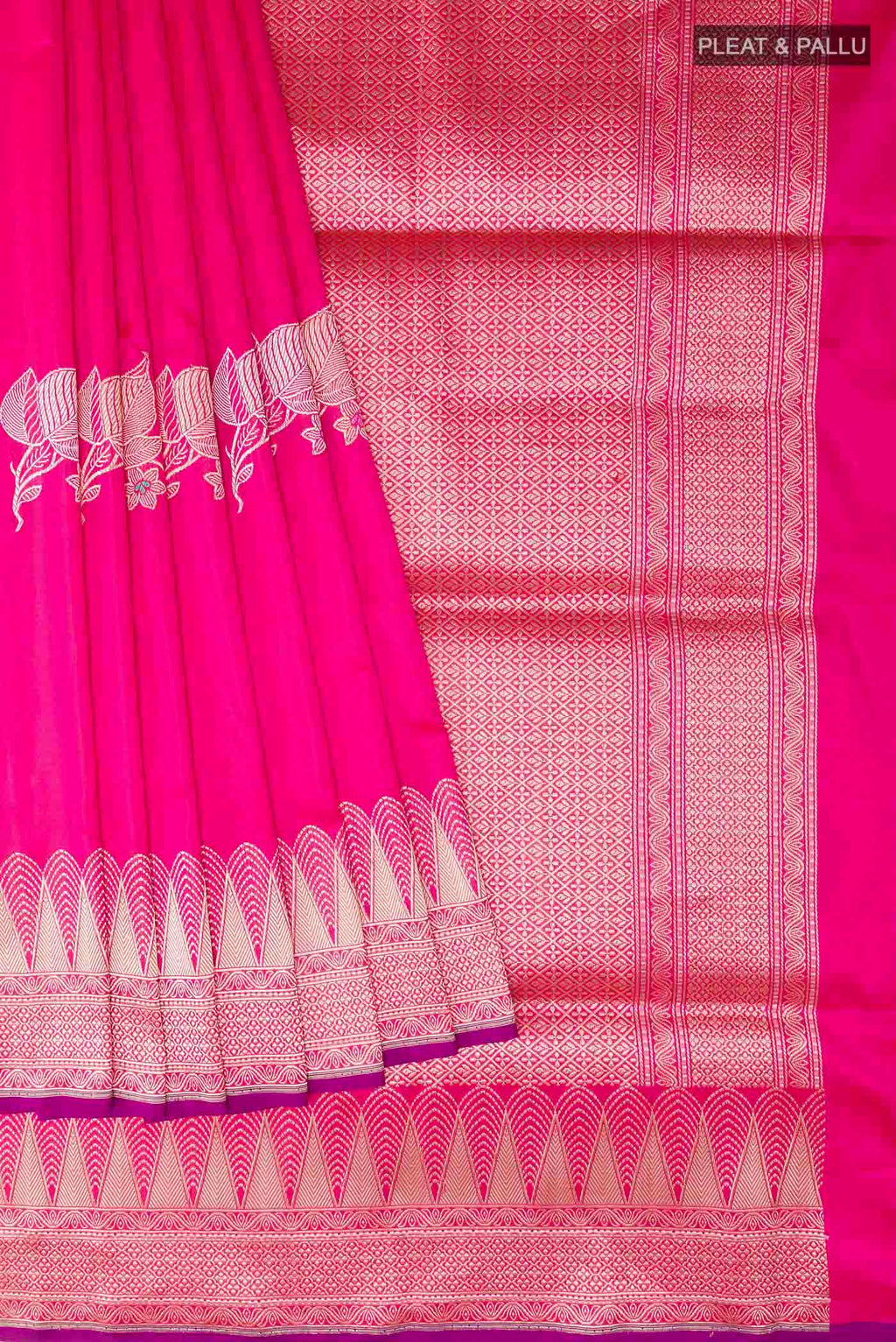 Pleats and pallu of Pink Banarasi Saree with Zari Butta on the body and Zari Border