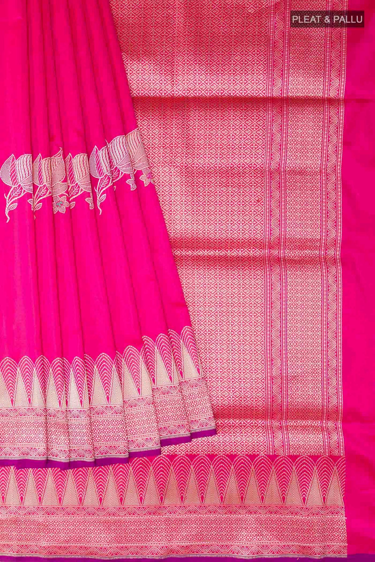 Pleats and pallu of Pink Banarasi Saree with Zari Butta on the body and Zari Border