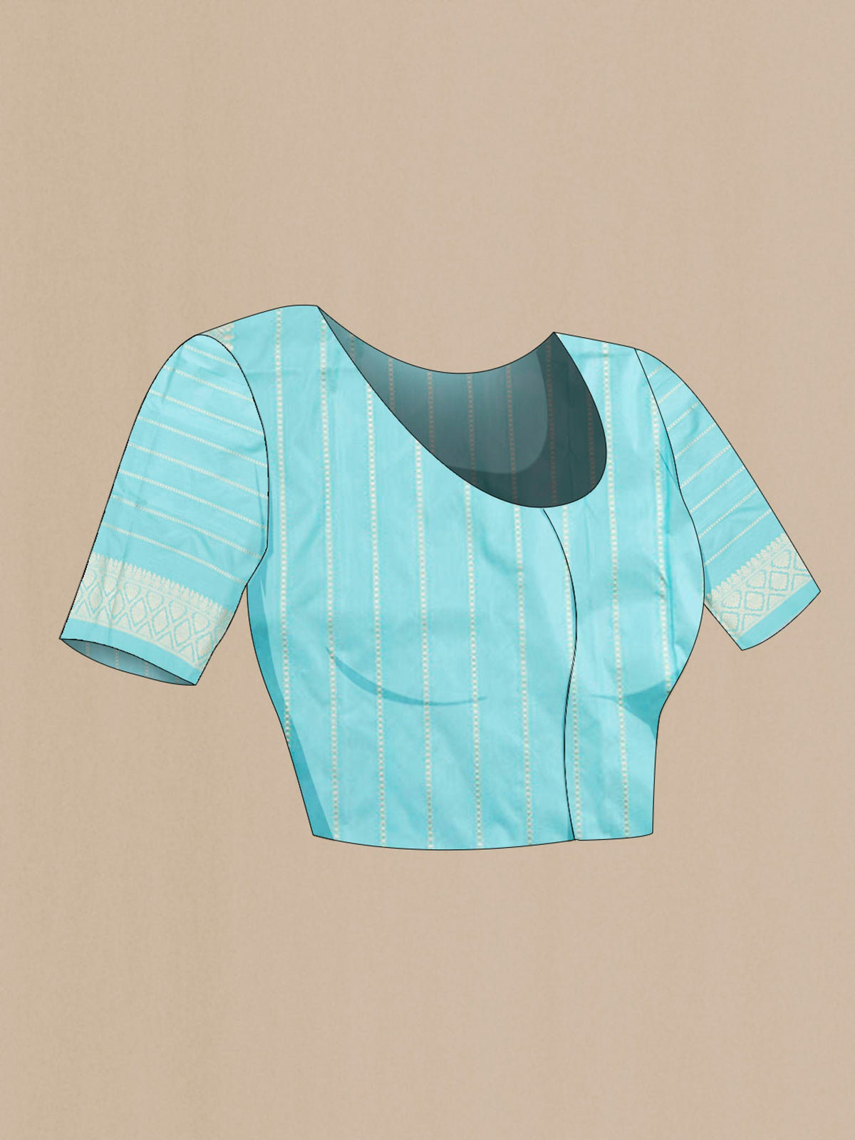 Close up image of the blouse of Turquoise Banarasi Saree with Zari Brocade on the body and Zari Border