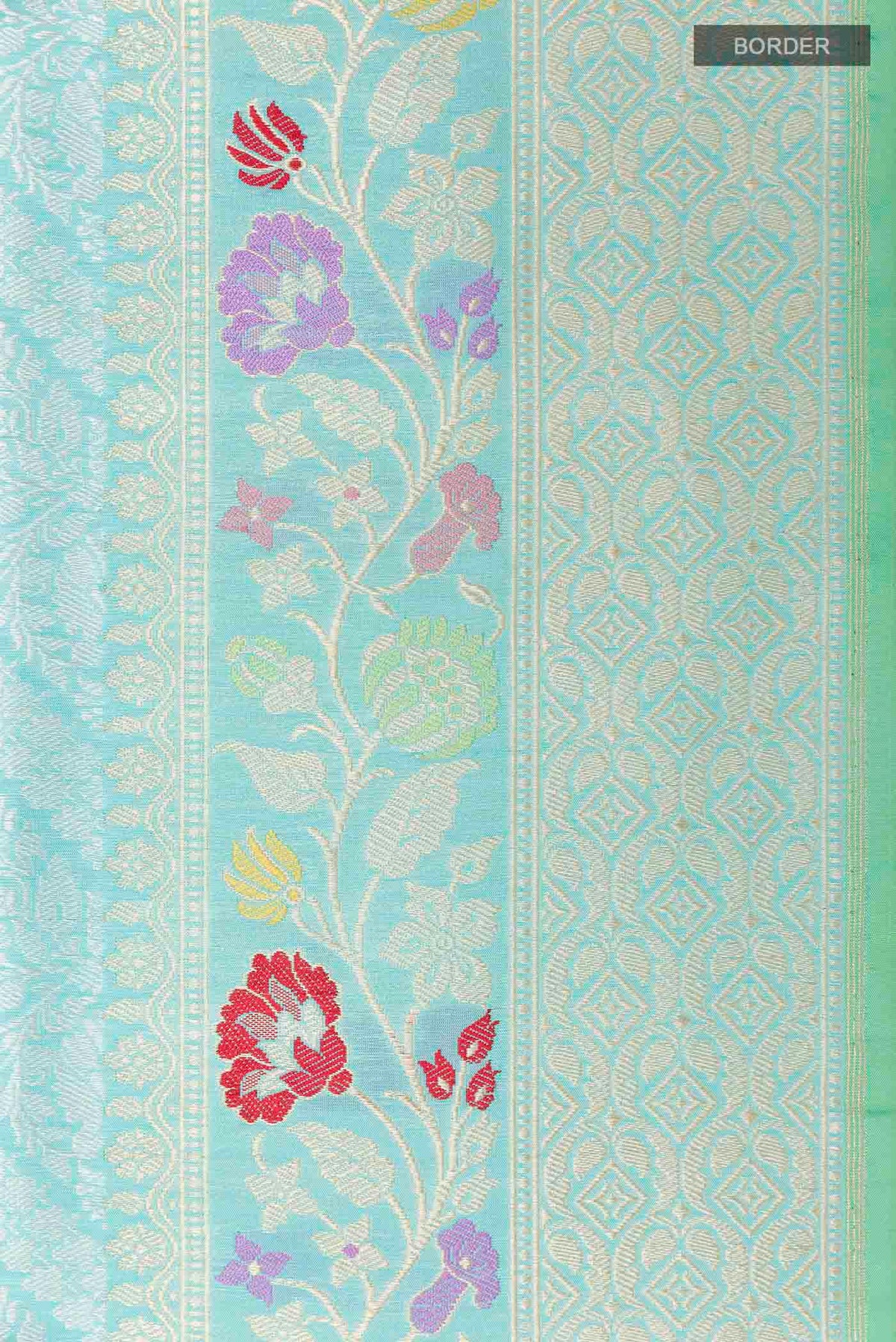 Border image of Turquoise Banarasi Saree with Zari Brocade on the body and Zari Border