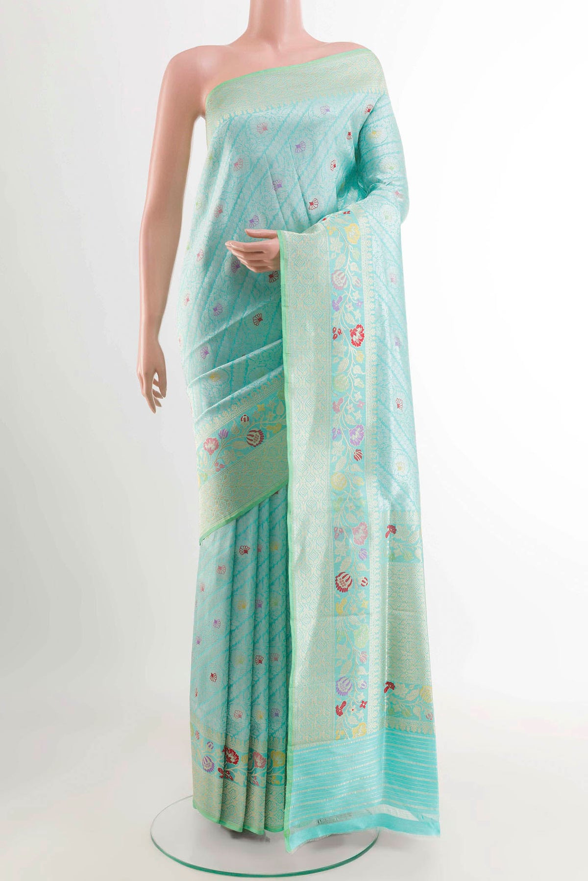Turquoise Banarasi Saree with Zari Brocade on the body and Zari Border displayed on a mannequin