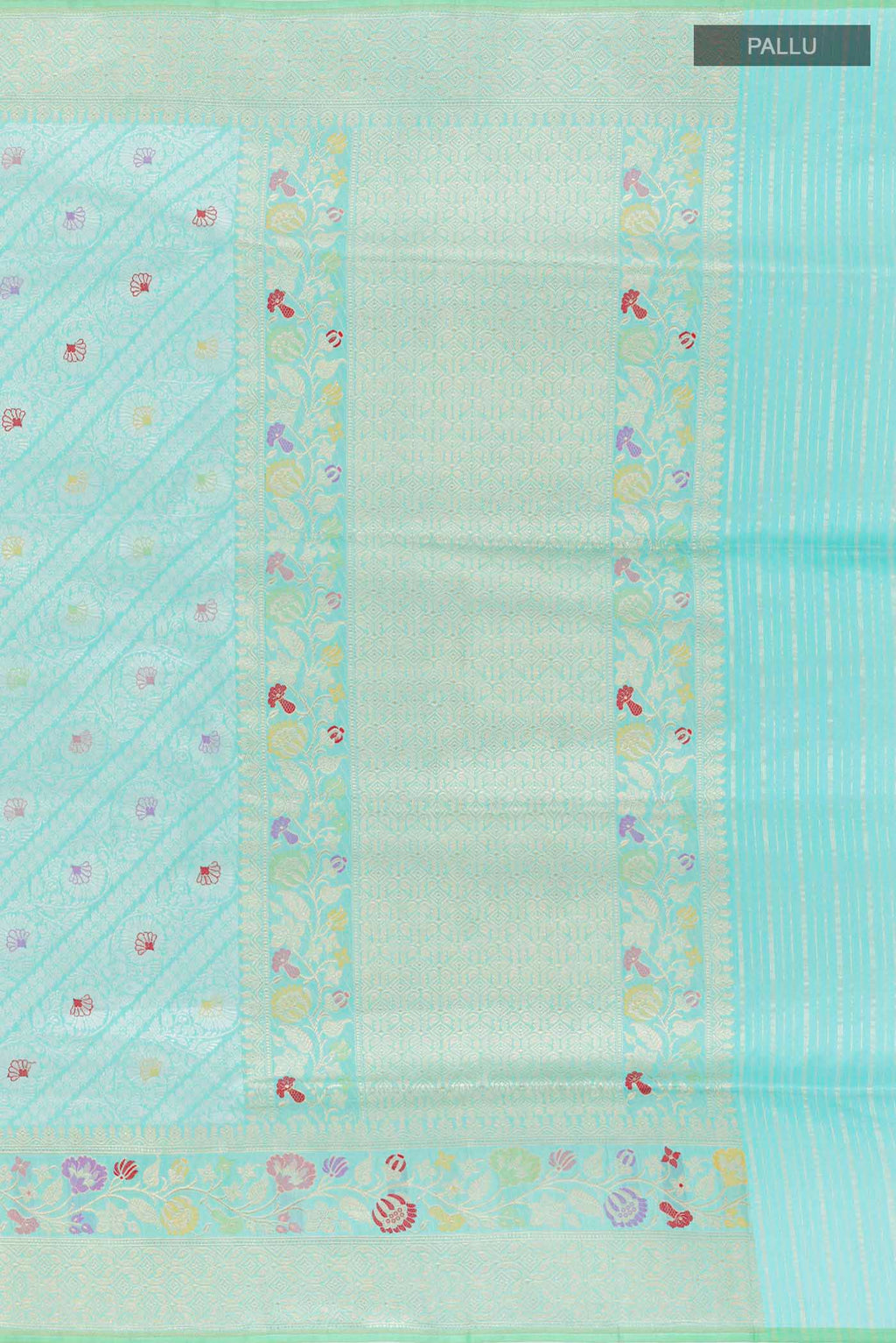 Close up image of the pallu of Turquoise Banarasi Saree with Zari Brocade on the body and Zari Border