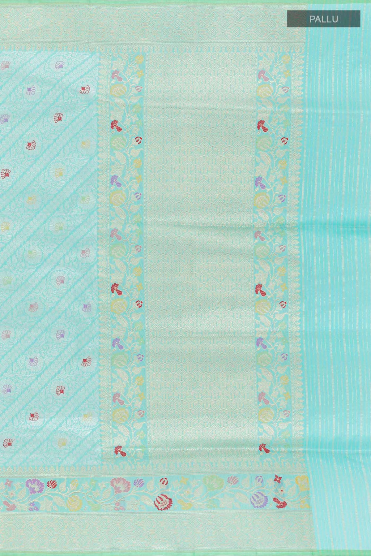 Close up image of the pallu of Turquoise Banarasi Saree with Zari Brocade on the body and Zari Border