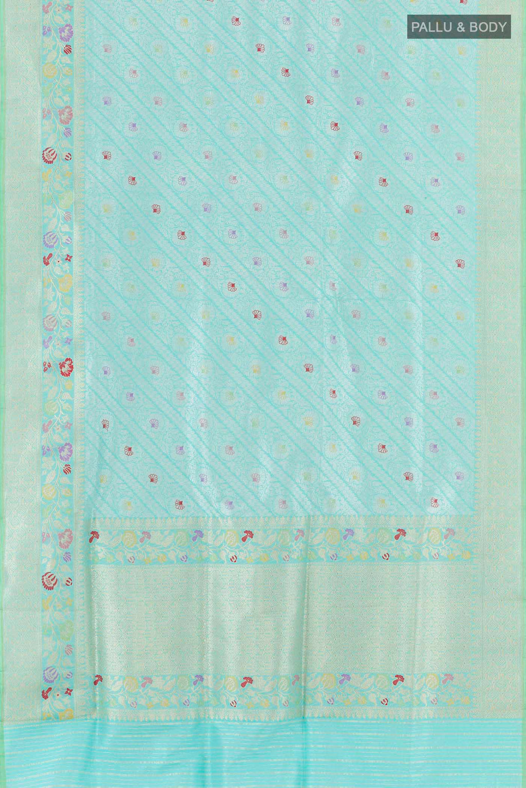 Flat view of Turquoise Banarasi Saree with Zari Brocade on the body and Zari Border