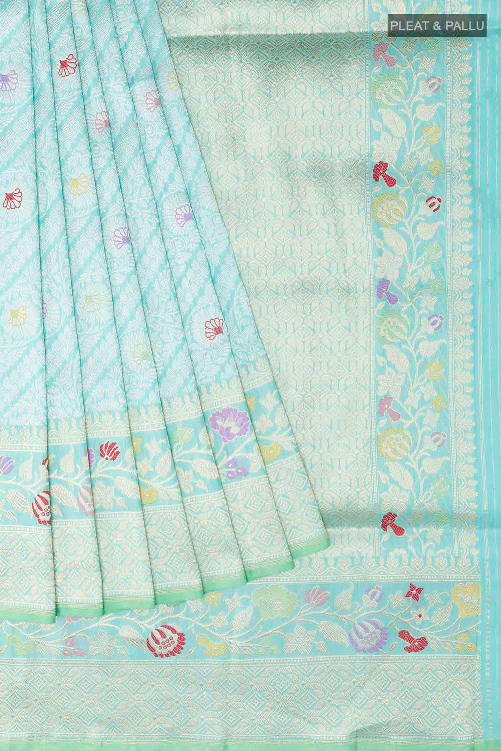 Pleats and pallu of Turquoise Banarasi Saree with Zari Brocade on the body and Zari Border