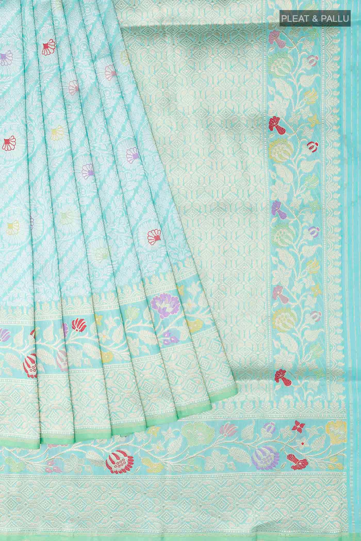 Pleats and pallu of Turquoise Banarasi Saree with Zari Brocade on the body and Zari Border