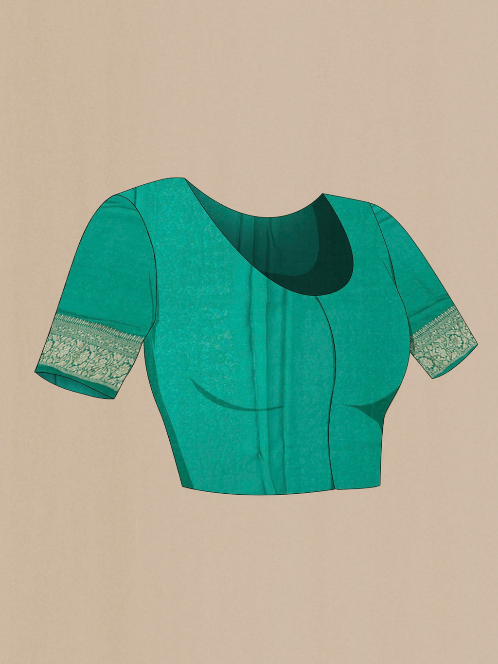 Close up image of the blouse of Green Banarasi Georgette Saree with Zari Butta on the body and Zari Border