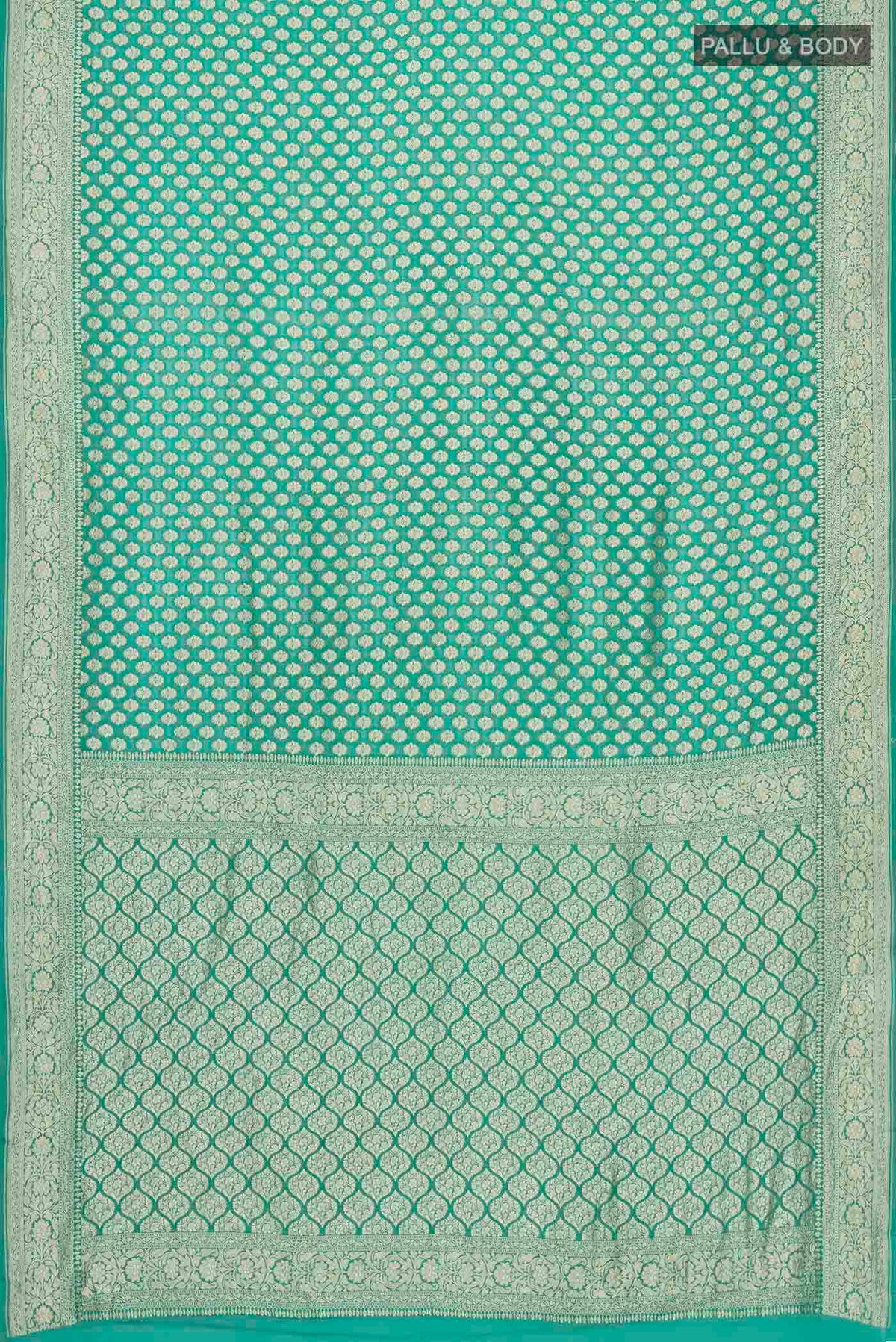 Flat view of Green Banarasi Georgette Saree with Zari Butta on the body and Zari Border