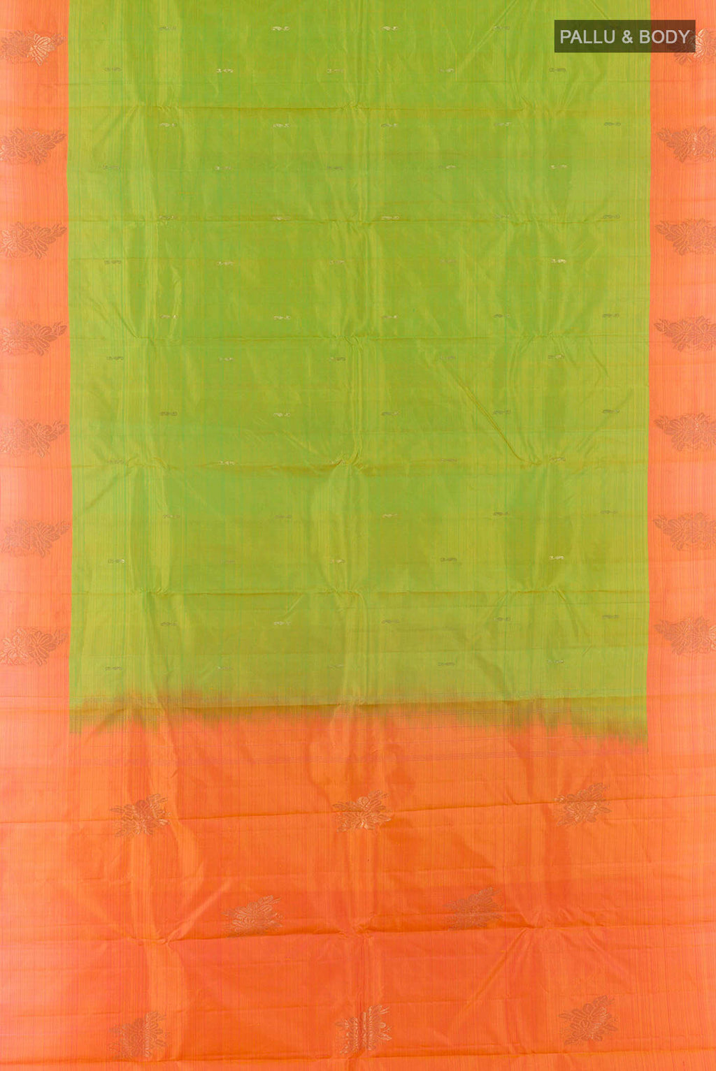Flat view of Green Kanchipuram Silk Saree with Zari Butta on the body and Zari Border