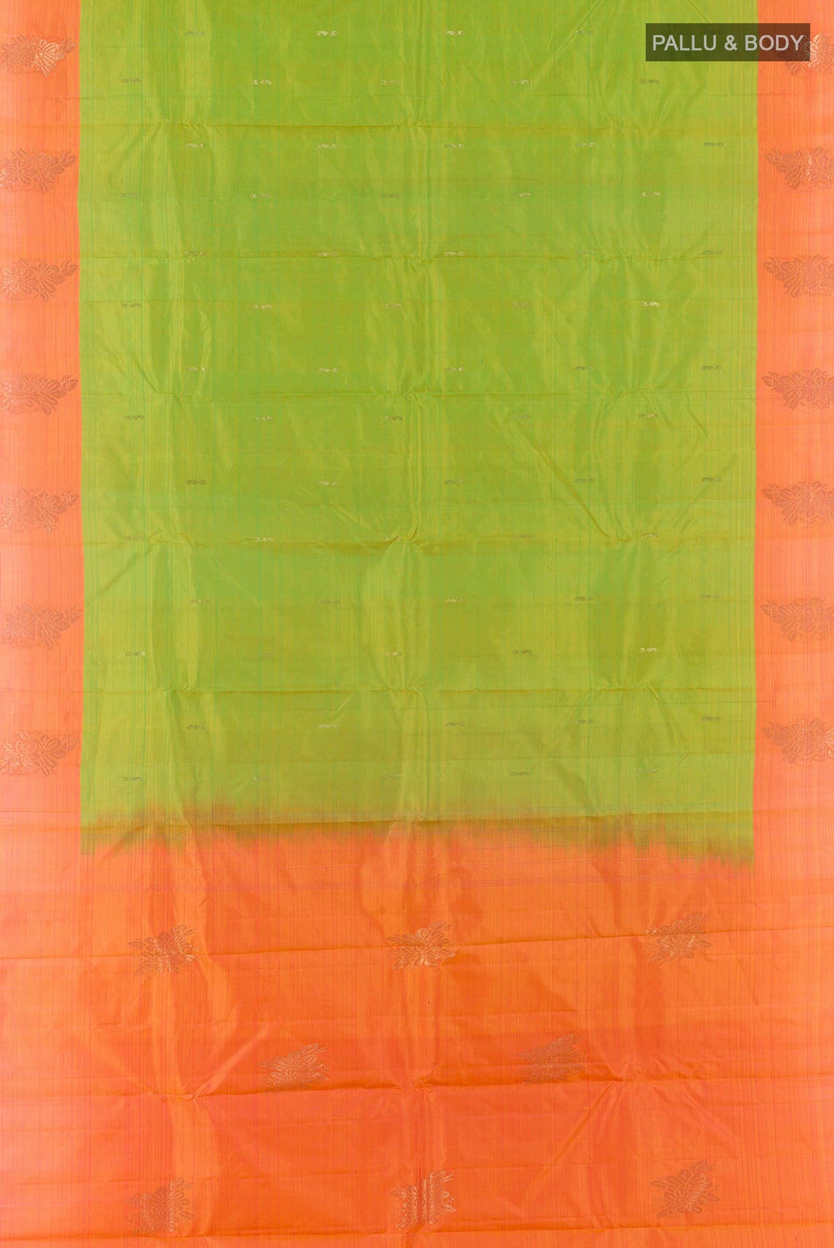 Flat view of Green Kanchipuram Silk Saree with Zari Butta on the body and Zari Border