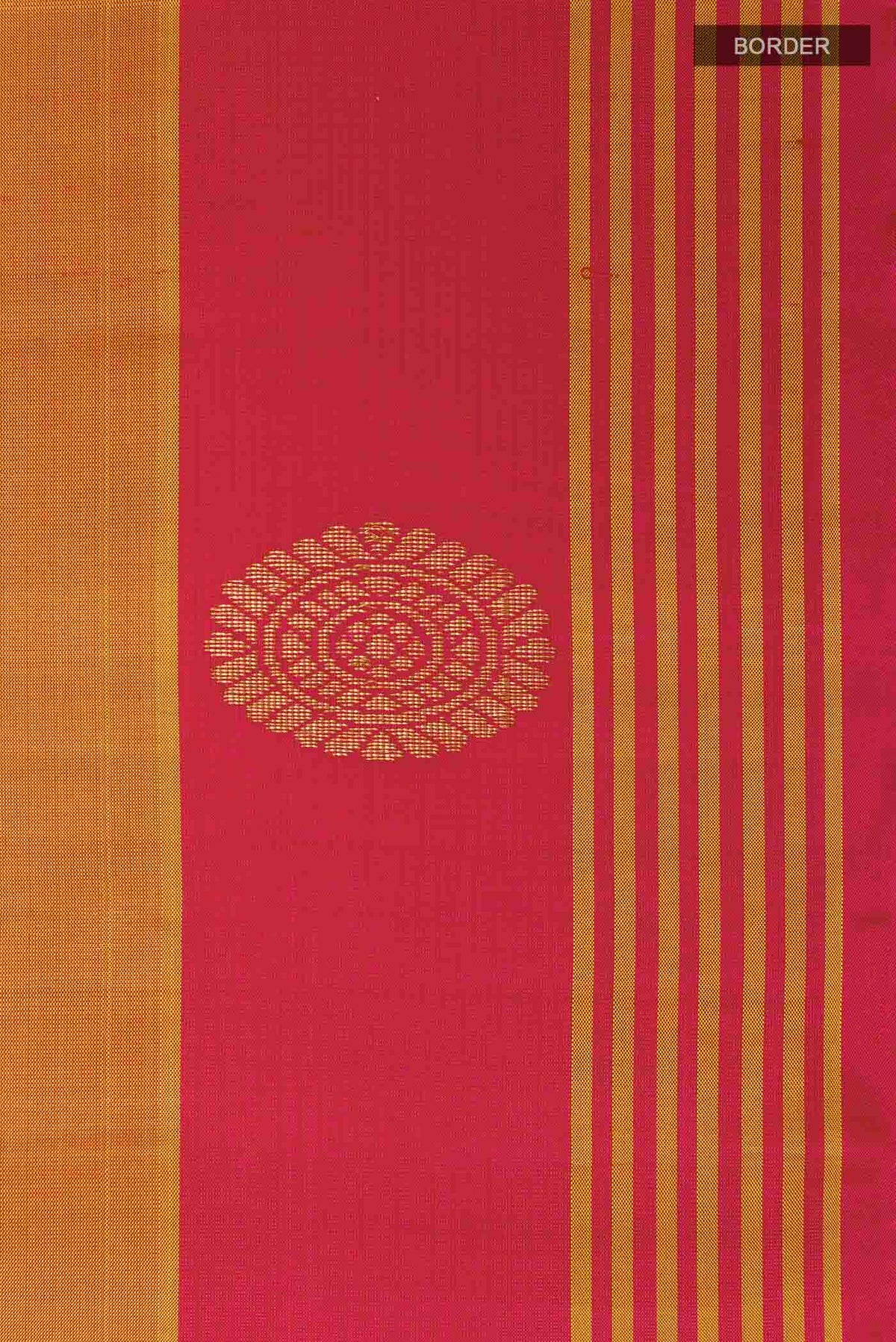Border image of Orange Kanchipuram Silk Saree with Zari Butta on the body and Zari Border