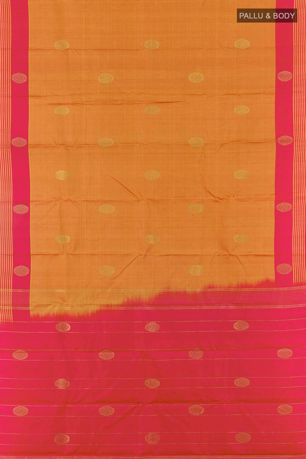 Flat view of Orange Kanchipuram Silk Saree with Zari Butta on the body and Zari Border