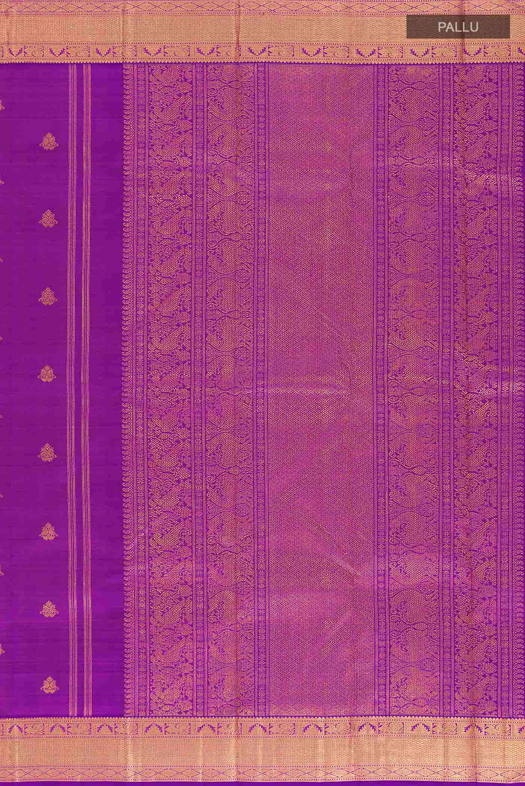Close up image of the pallu of Purple Kanchipuram Silk Saree with Zari Butta on the body and Zari Border