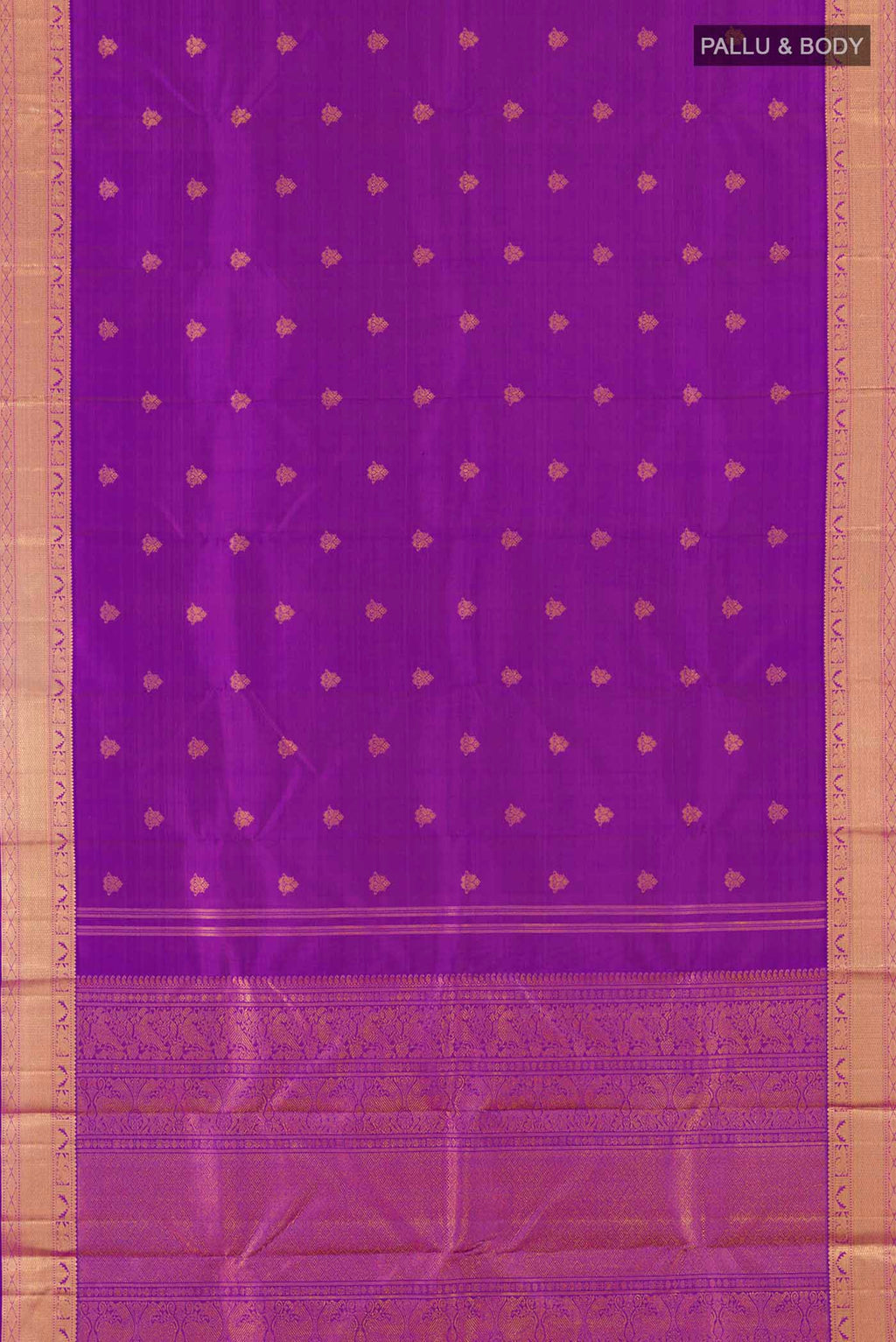 Flat view of Purple Kanchipuram Silk Saree with Zari Butta on the body and Zari Border