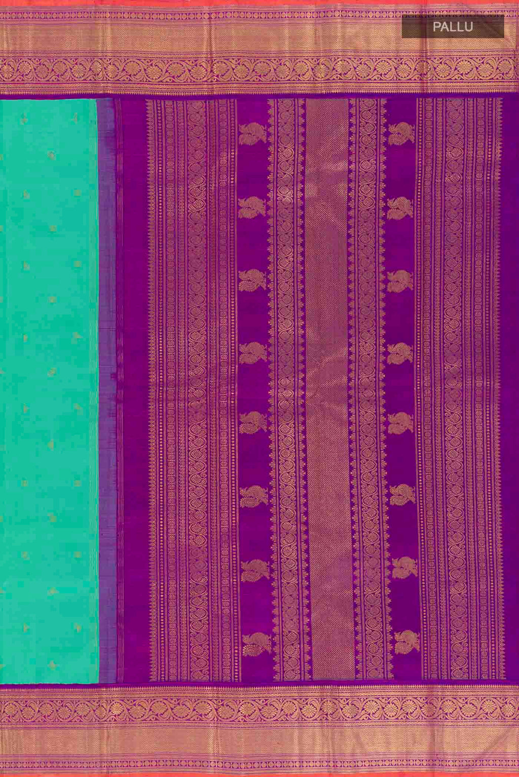 Close up image of the pallu of Sea Green Kanchipuram Silk Saree with Zari Butta on the body and Zari Border