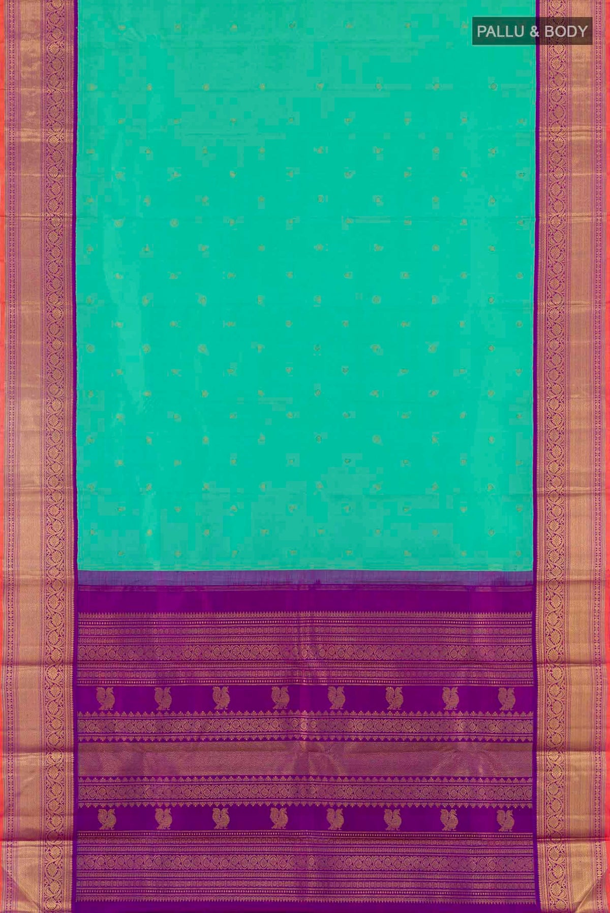 Flat view of Sea Green Kanchipuram Silk Saree with Zari Butta on the body and Zari Border
