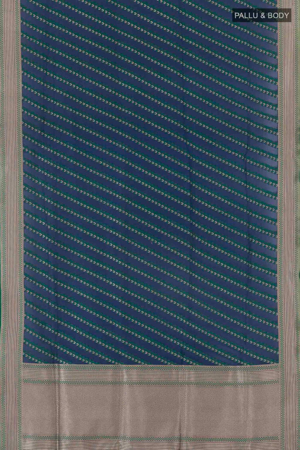 Flat view of Blue Banarasi Silk Saree with Stripes on the body and Zari Border